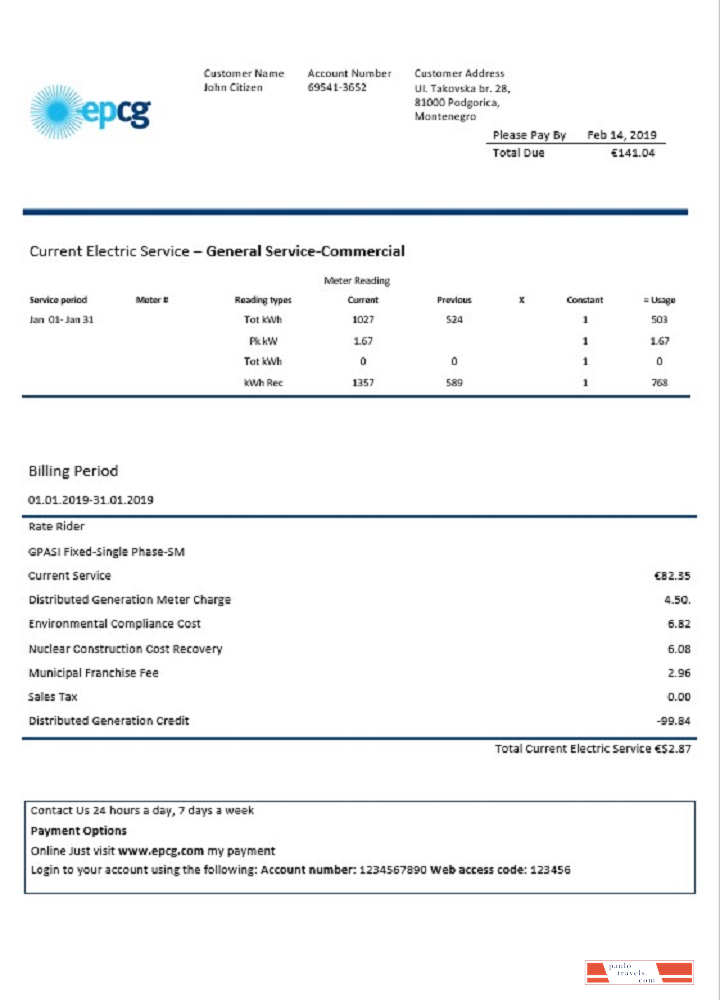 Montenegro Elektroprivreda Crne Gore (EPCG) electricity utility bill template in Word and PDF format